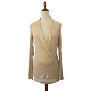 Guess by Marciano Cream Draped Front Silk Blend Long Sleeve Blouse